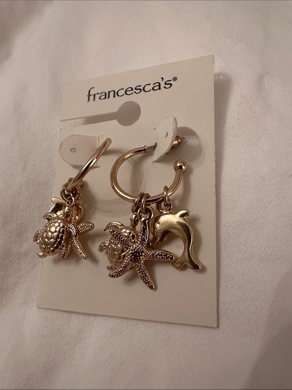 Francesca's Collections Gold Ocean Hoop Earrings w/ Starfish, Turtle & Dolphin